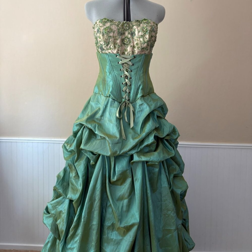 Alliage Paris Ruche Iridescent Green-Blue Gown | Corset Bust 38 | Size 12 AS-IS
